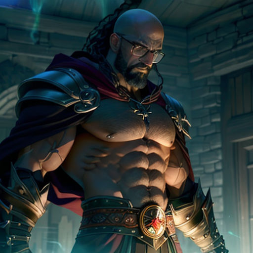 a man in a costume standing in front of a building with a sword and armor on his chest and a sword in his hand