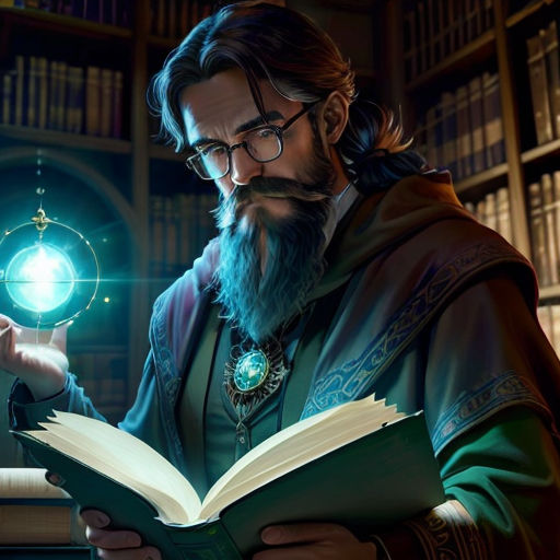 a man with a beard and glasses holding a book in his hand and looking at a glowing orb in his hand
