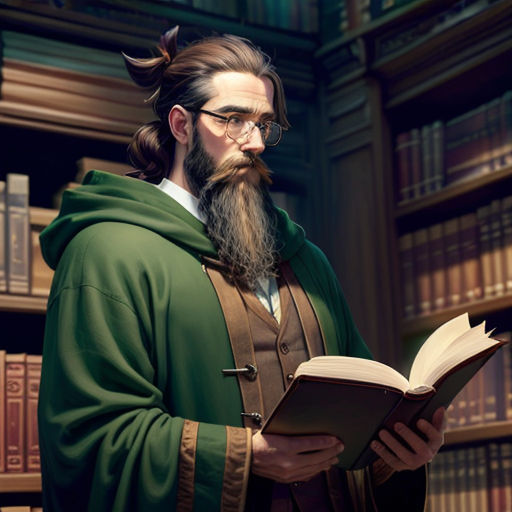 a man with a beard and glasses reading a book in a library with bookshelves behind him and a book in his hand