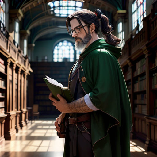 a man in a green cape is reading a book in a library with a long beard and glasses on