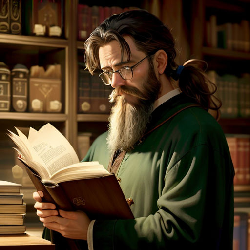 a man with a long beard reading a book in a library with bookshelves behind him and a book on a desk