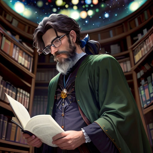 a man with a beard and glasses reading a book in a library with a sky full of stars above him