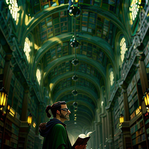 a man reading a book in a library with a ceiling full of lights and a ceiling of books in the background
