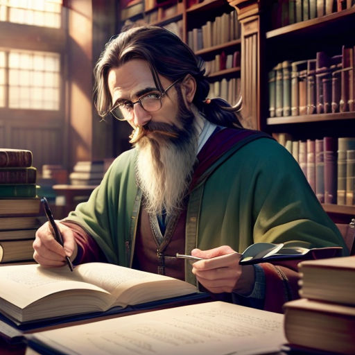 a man with a long beard sitting at a table with books and a pen in his hand and a book in front of him