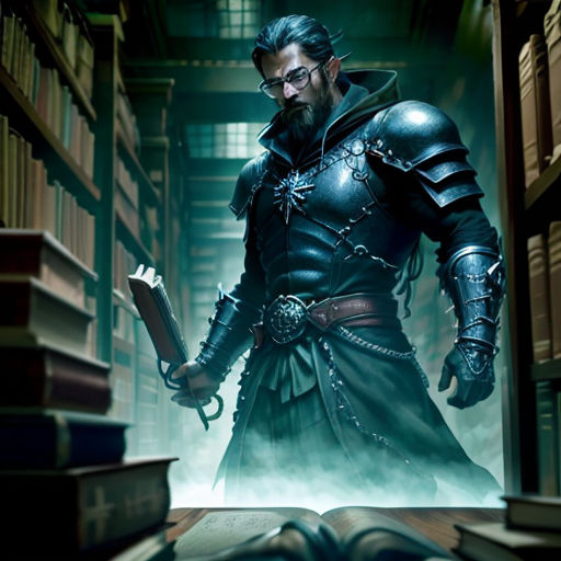 a man in a library with a sword and a book in his hand and a book on the floor