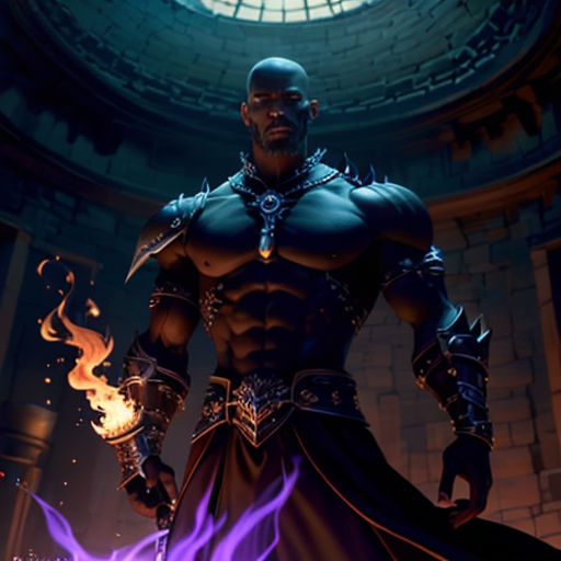 a man in a dark suit standing in front of a fire ball with a sword in his hand and a ring around his neck