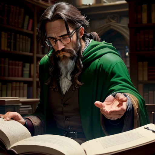 a man in a green robe is reading a book in a library with a book open and a book in his hand