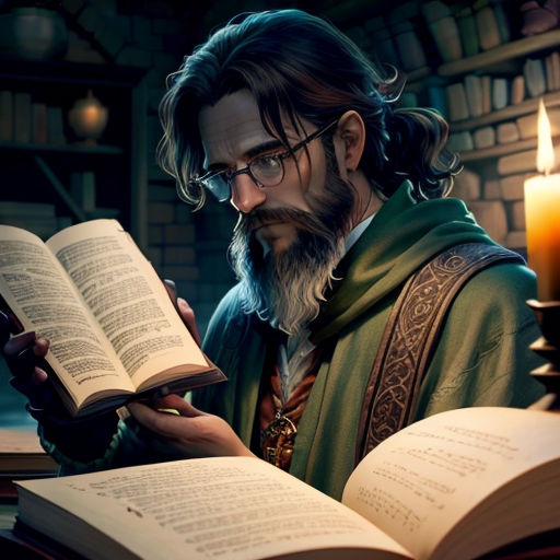 a man reading a book in a library with a candle in front of him and a candle lit in the background