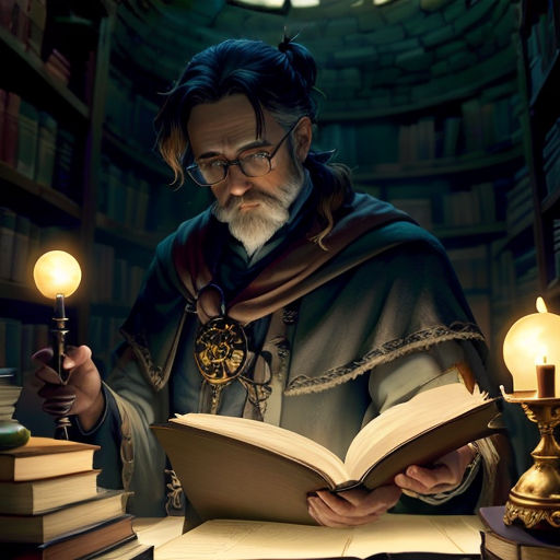 a man reading a book in a library with a lamp and bookshelf in the background and a clock on the wall