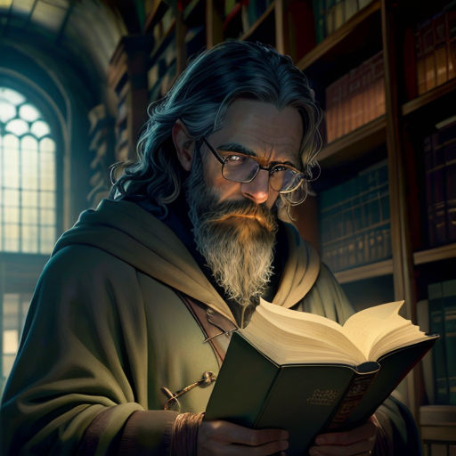 a man with a beard and glasses reading a book in a library with a stained glass window behind him