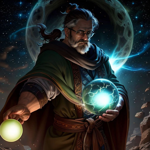 a man holding a glowing ball in his hands with a moon behind him and a sky background with stars
