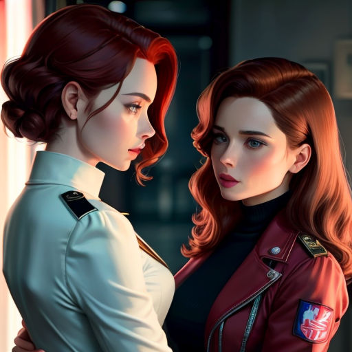 two women in uniform standing next to each other in a room with a wallpapered background and a red haired woman in a white dress