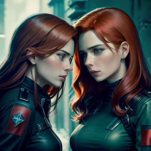 two women in black leather outfits standing next to each other in a city street, one of them is looking at the other