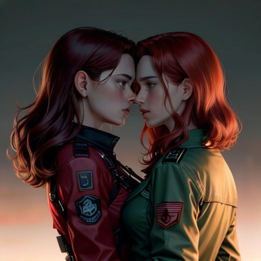 two women in uniform are kissing each other with their heads close together, with the sky in the background