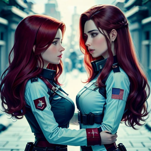 two women in uniform standing next to each other on a street corner with a city in the background and a sky background