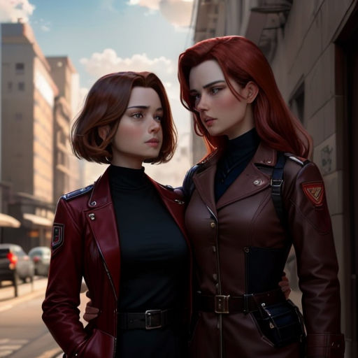 two women in leather jackets standing next to each other on a city street with cars in the background and a building with a sign on the side