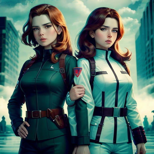two women in green and white uniforms standing next to each other in a city street with tall buildings and clouds