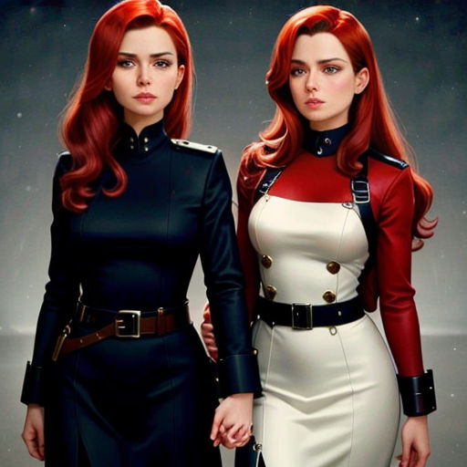 two women in uniform standing next to each other in front of a dark background with stars and a sky