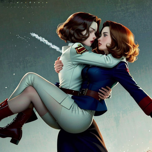 a couple of people that are hugging each other in the air with a sky background behind them and a rocket in the sky