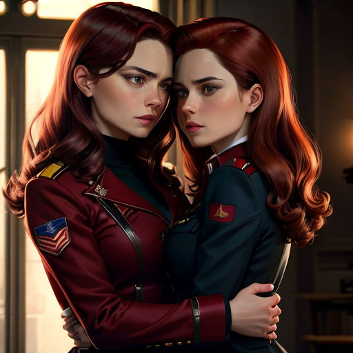 two women in uniform hugging each other in a room with a window in the background and a light shining through the window