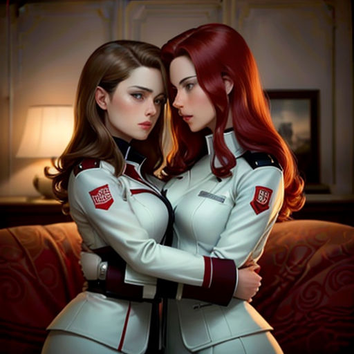 two women in uniform hugging each other in a room with a couch and lamp on the wall behind them