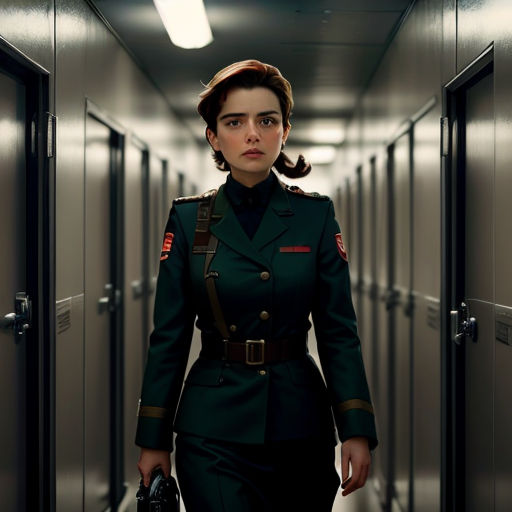 a woman in a uniform is walking down a hallway with a handbag in her hand and a handbag in her other hand