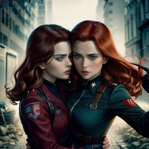 two women in uniform hugging each other in a city street with a building in the background and a sky background
