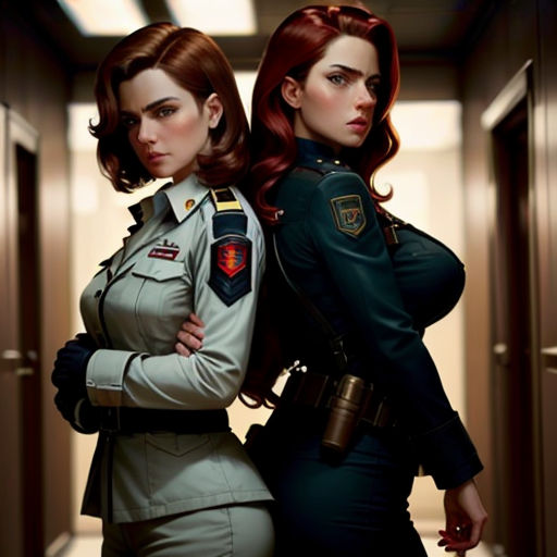 two women in uniform standing next to each other in a hallway with a door open to the hallway leading to another room