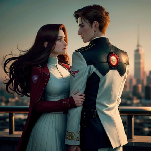 a man and a woman standing next to each other in front of a city skyline with a sky line