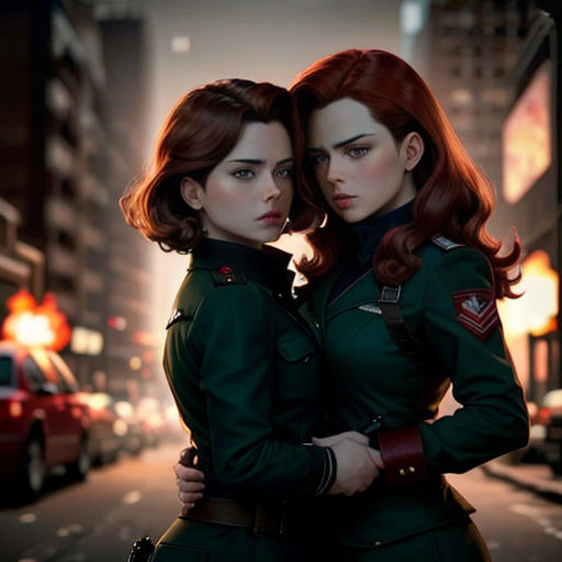 two women in uniform standing next to each other on a city street at night with a red car in the background