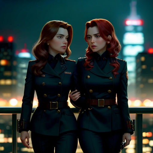 two women in uniform standing next to each other in front of a city skyline at night with lights on