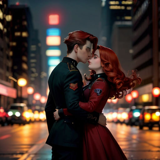 a man and woman kissing in the rain in a city at night with buildings in the background and a street light