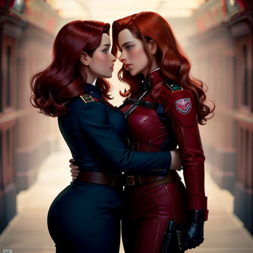 two women in uniform are hugging each other in a hallway with a hallway leading to them and a hallway leading to the second
