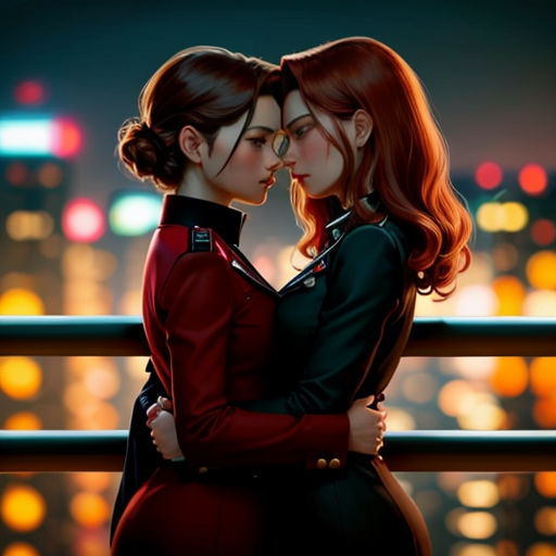 two women are hugging each other in front of a cityscape at night with lights in the background