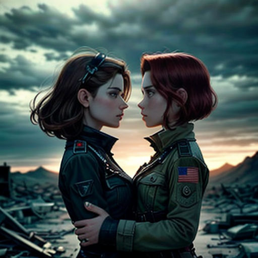 two women in military uniforms standing next to each other in front of a city skyline with a sky background