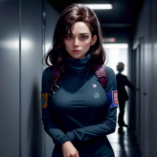 a woman in a blue dress standing in a hallway with a man in the background wearing a black suit
