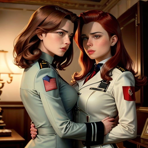 two women in uniforms standing next to each other in a room with a lamp on the wall and a painting of a woman in the background