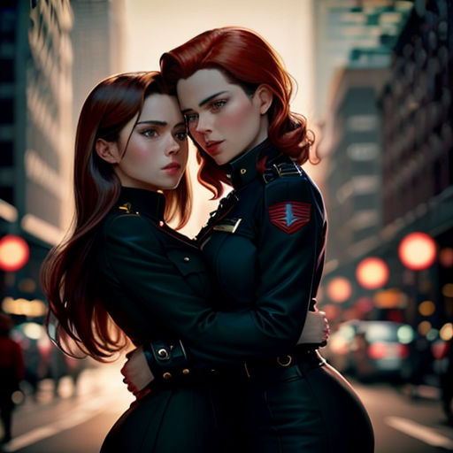 two women in uniform hugging each other on a city street at night time with traffic lights in the background