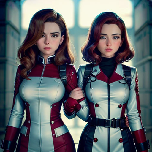 two women in futuristic outfits standing next to each other in a hallway with a window behind them and a light shining through the window