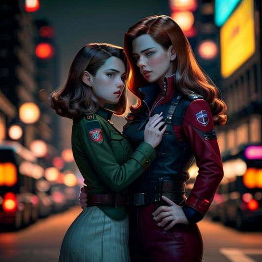 two women in uniform standing on a city street at night, one of them is hugging the other's shoulder