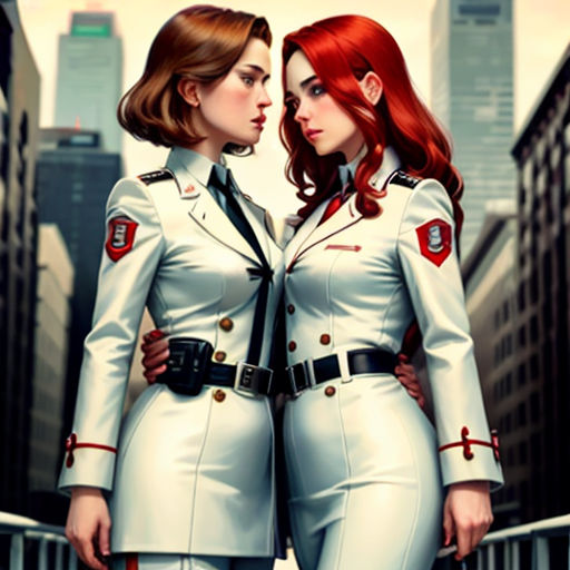 two women in uniforms standing next to each other in a city street with tall buildings in the background and a red haired woman in the foreground