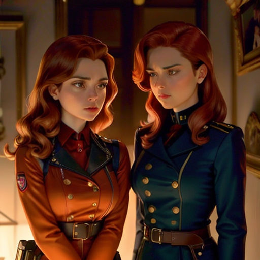 two women in uniform standing next to each other in a room with a lamp on the wall and a painting on the wall