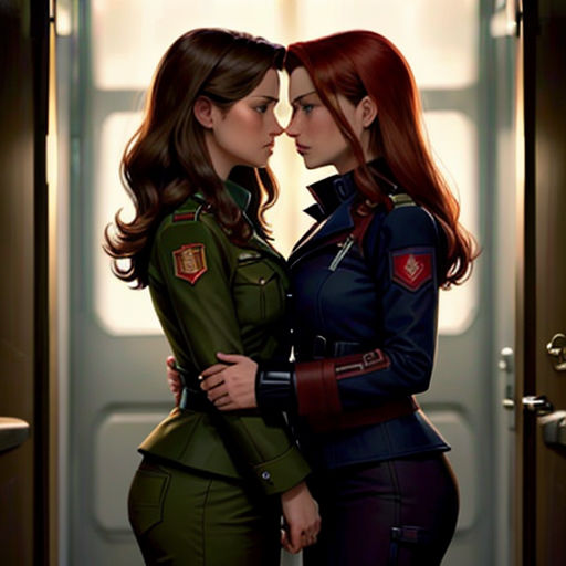 two women in uniform standing next to each other in a hallway with a door open to the other side