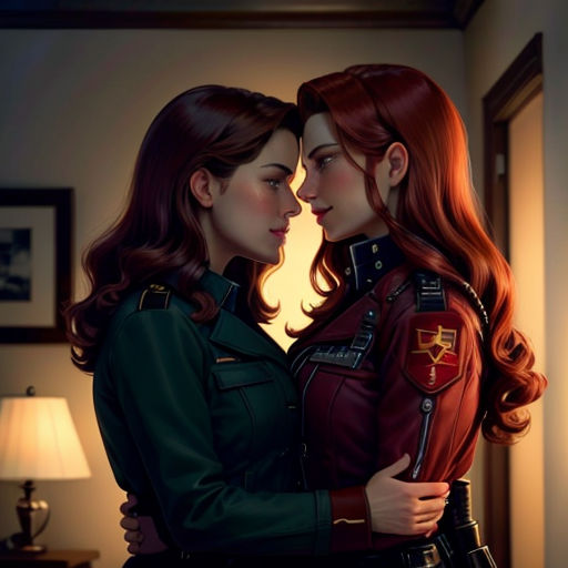 two women in uniform are hugging each other in a room with a lamp on the wall behind them and a lamp on the floor