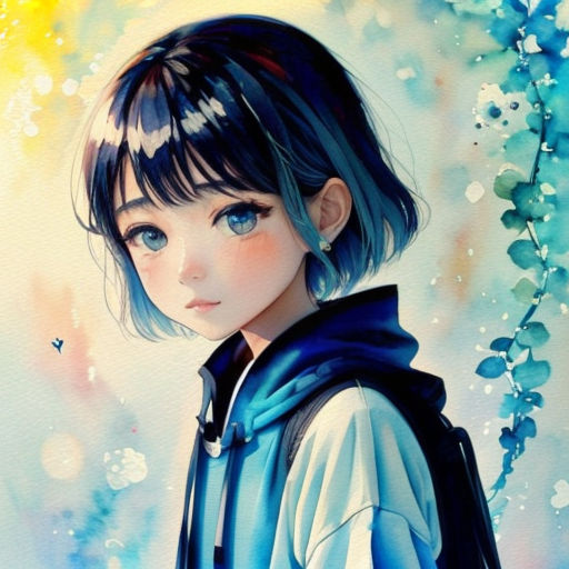 a painting of a girl with blue hair and a blue vest on, with a butterfly on her shoulder
