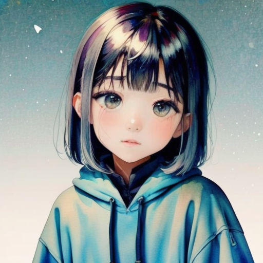 a girl with a blue hoodie and a star in the background is looking at the camera with a sad expression