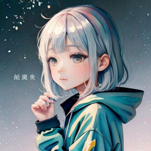 a girl with blue hair and a green jacket is standing in front of a sky with stars and a moon