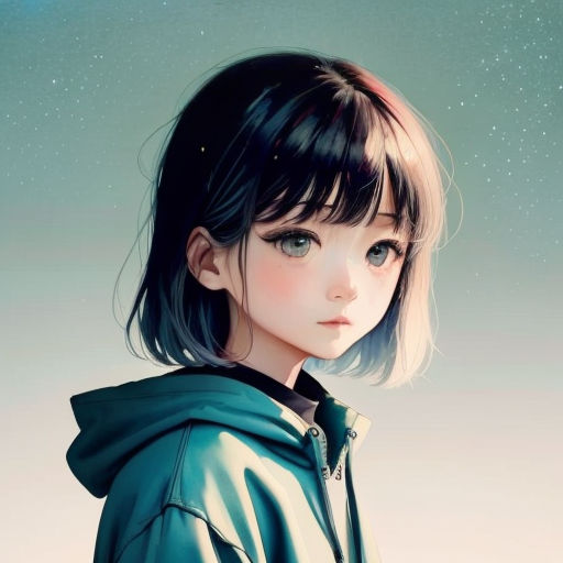 a girl with a hoodie and a star in the sky behind her is looking at the camera and has a sad look on her face
