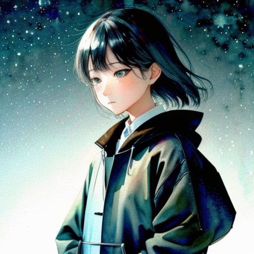 a girl in a black jacket standing in front of a night sky with stars and a moon in the background