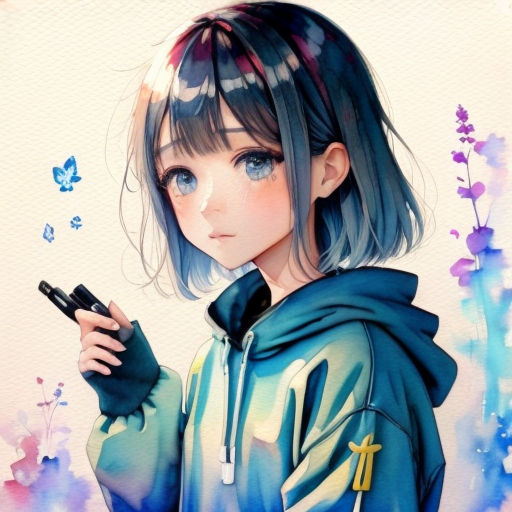 a painting of a girl holding a cell phone in her hand and a butterfly flying above her head,